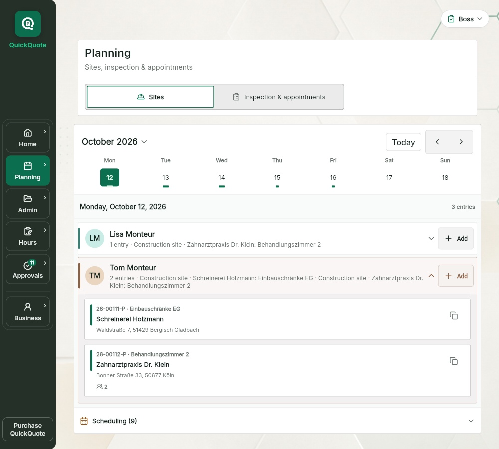 QuickQuote: compact day planning with assigned jobs on a tablet