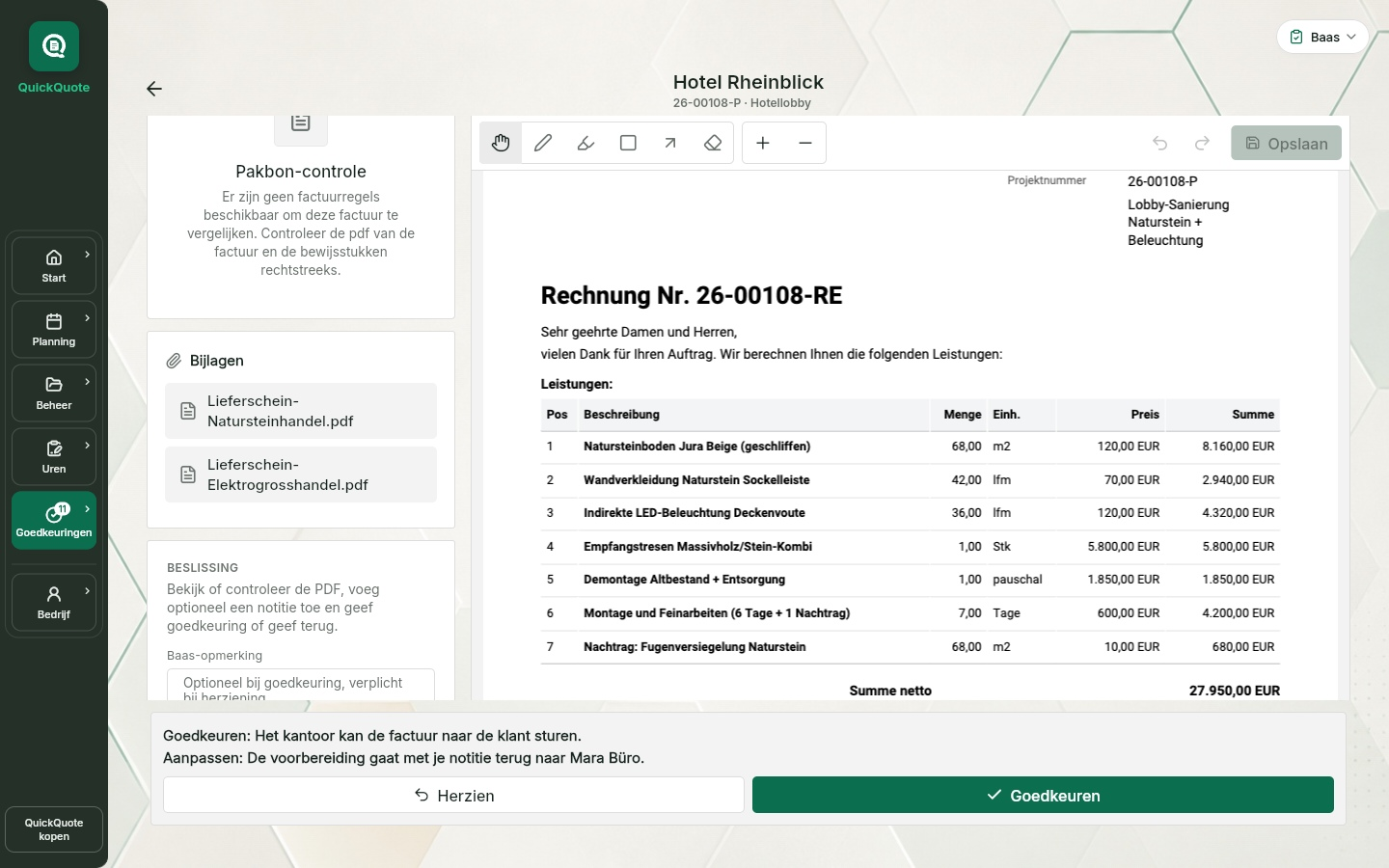 QuickQuote: een factuur controleren met de bewijsstukken in het project