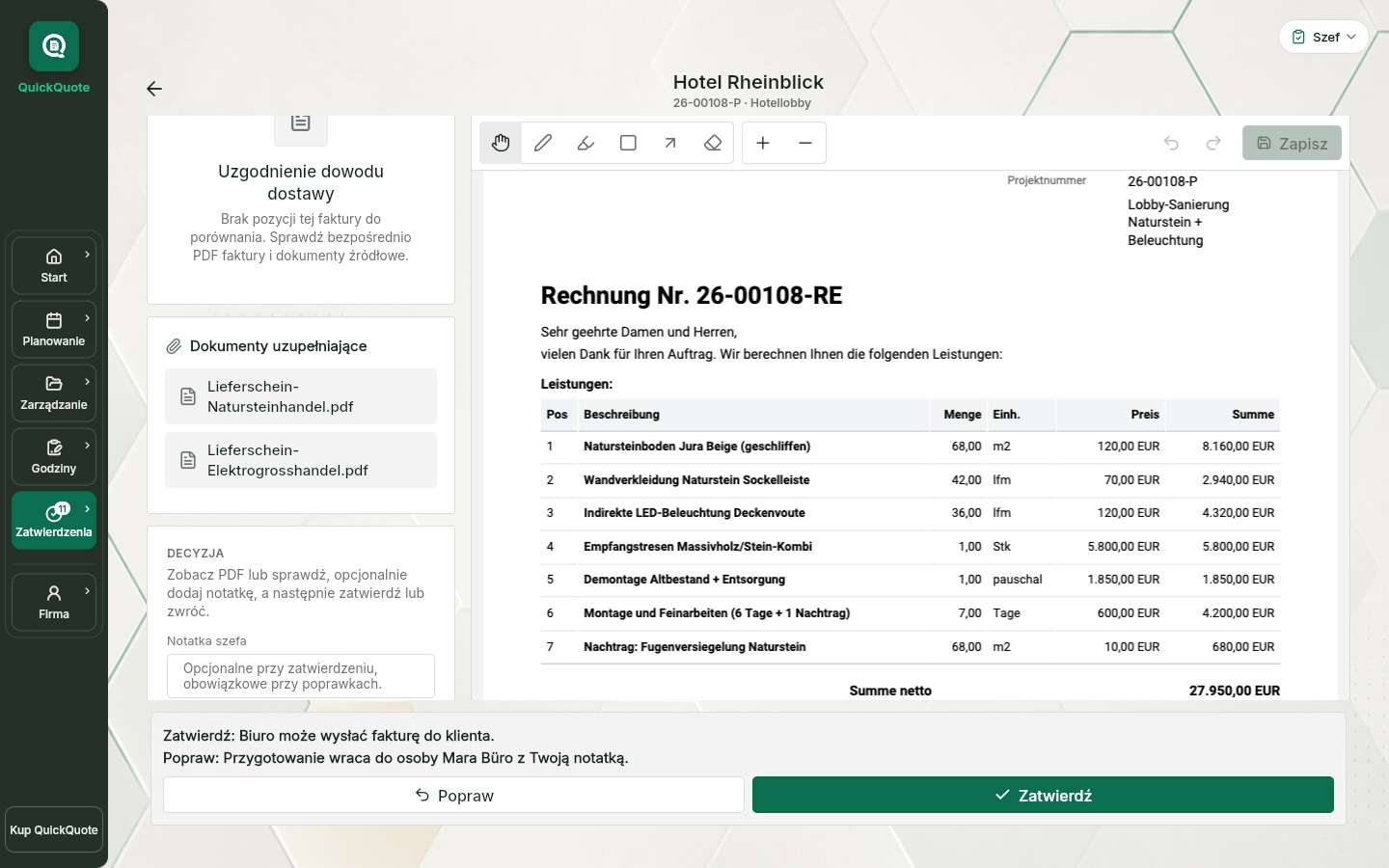 QuickQuote: sprawdzanie faktury wraz z dokumentami potwierdzającymi w projekcie