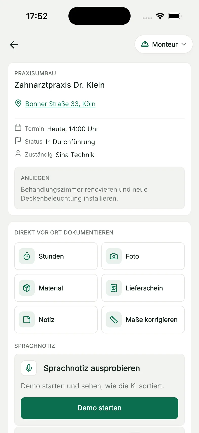 Durchführungs-Ansicht in QuickQuote Flow mit Kacheln für Stunden, Foto, Material und Lieferschein