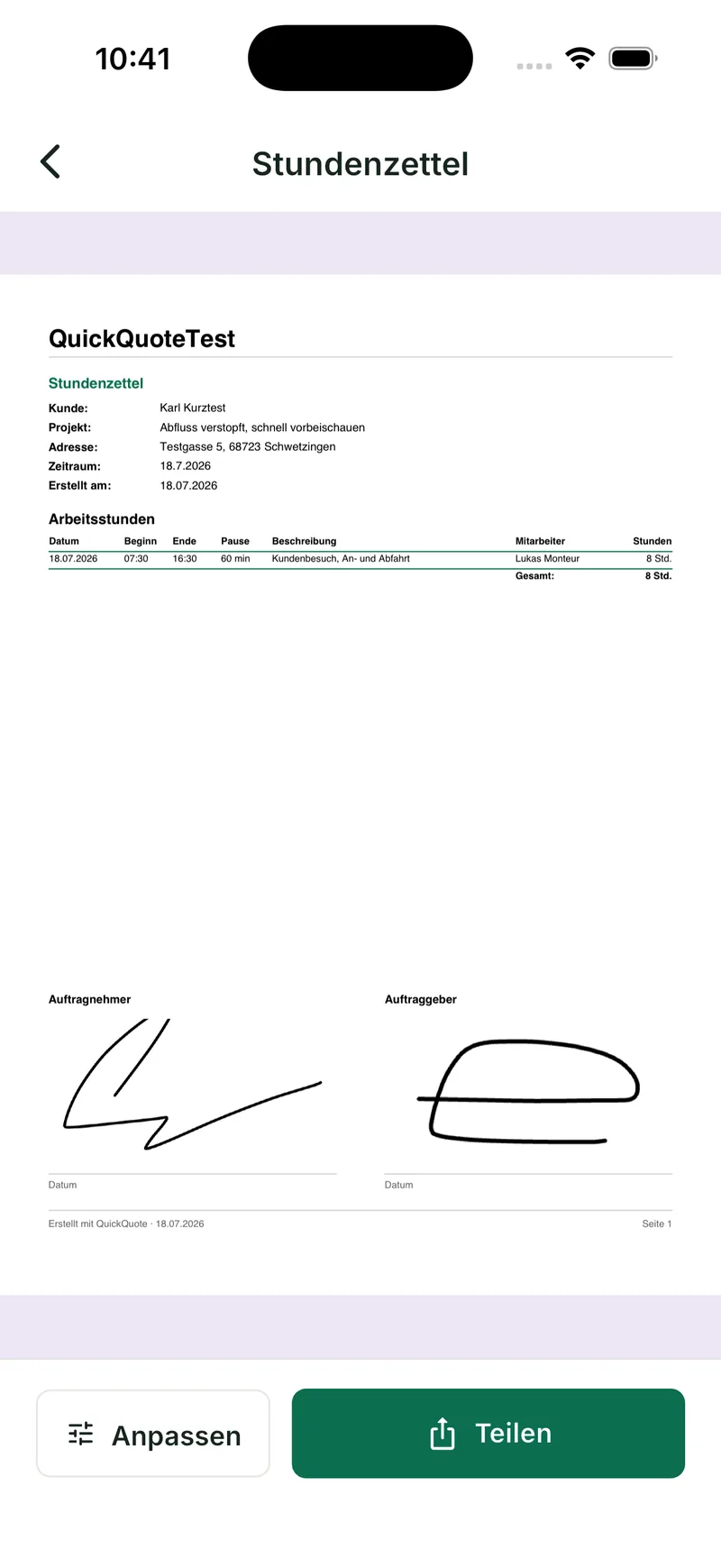 Digitaler Stundenzettel in QuickQuote Flow mit Beginn, Ende, Pause und Unterschriften von Auftragnehmer und Auftraggeber